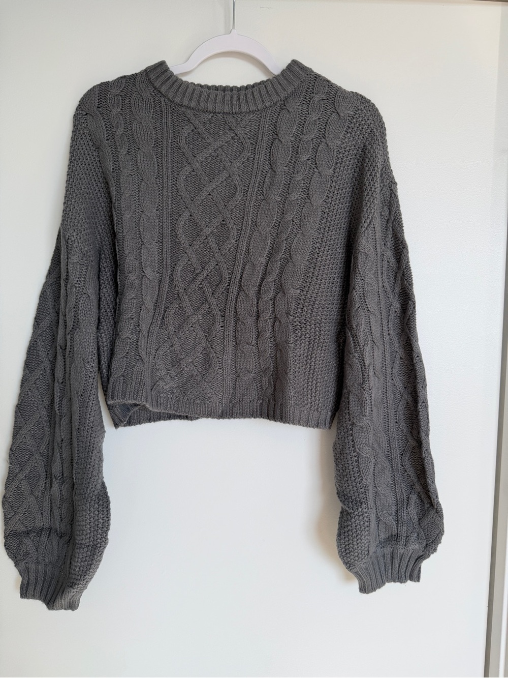 Divided Gray Cable Knit Cropped Crew Neck Sweater
